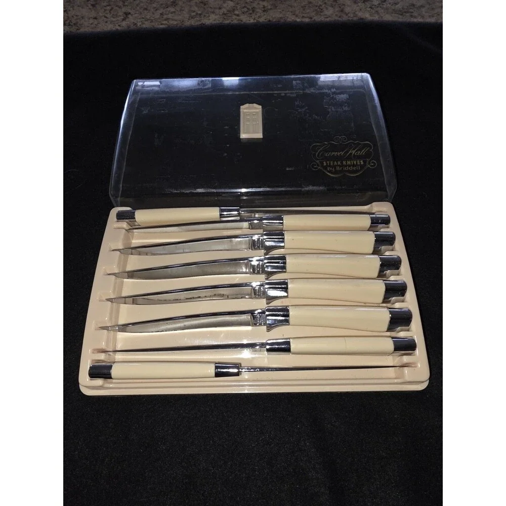 Vintage Carvel Hall by Briddell Steak‎ Knives Set of 8 Ivory Chrome MCM Original